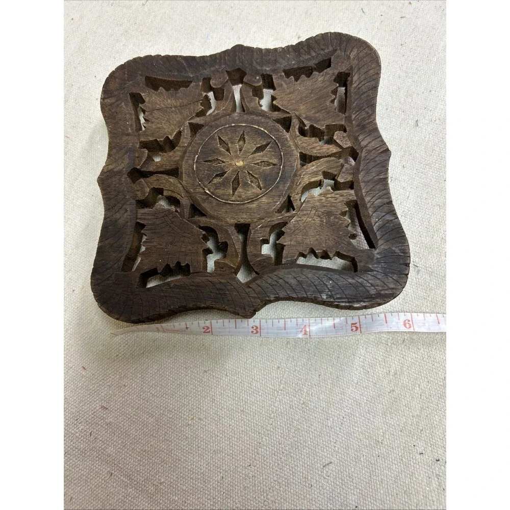 Vintage Hand Carved Wooden Trivet W/ Intricate Cutout Design Floral Centerpiece